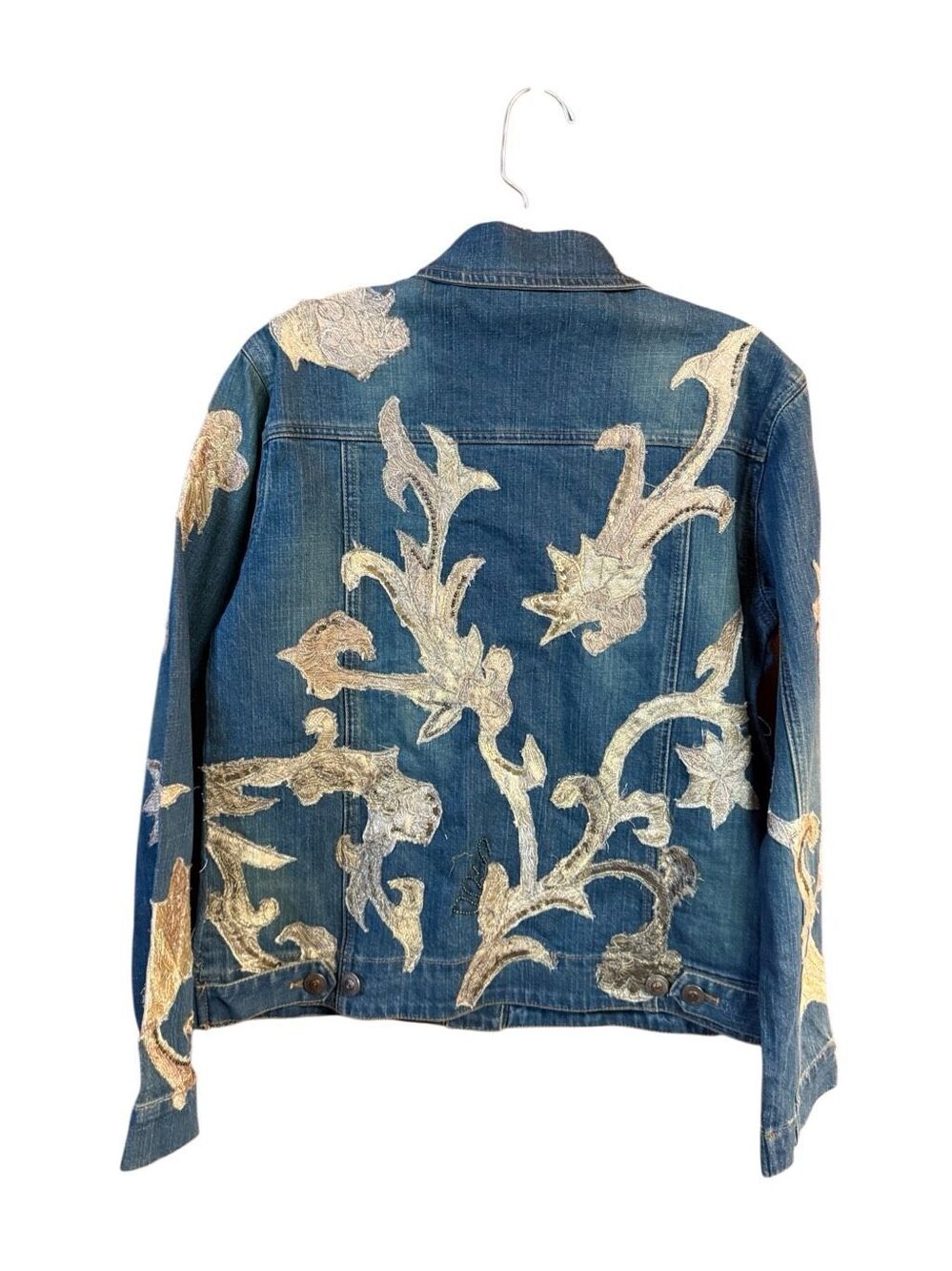 Chico's blue denim jacket intricate metallic gold/cream abstract appliqué / sequ - Picture 2 of 6